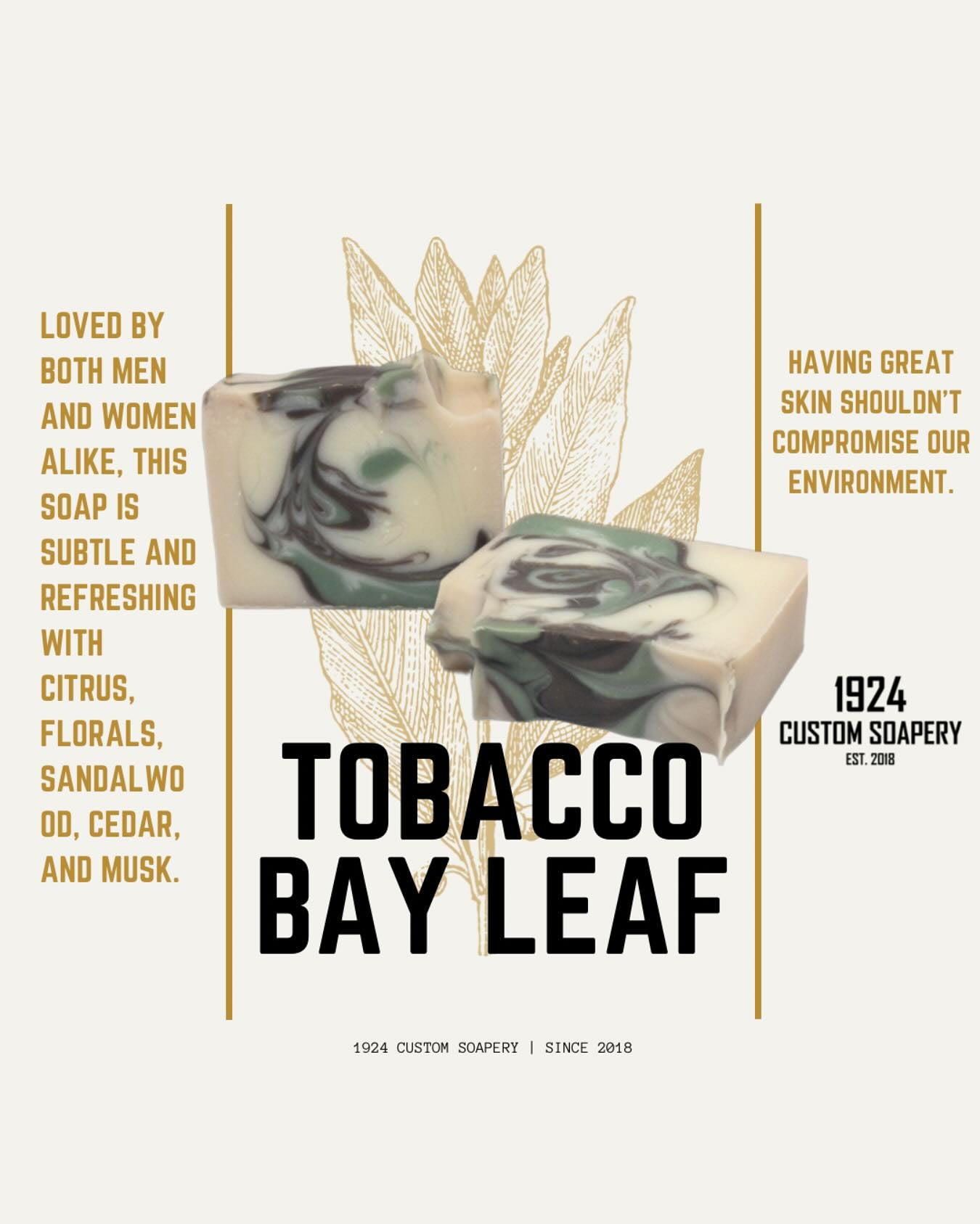 Two bars of soap with marbled design on a white background, featuring text about the fragrance 'Tobacco Bay Leaf' and branding information.