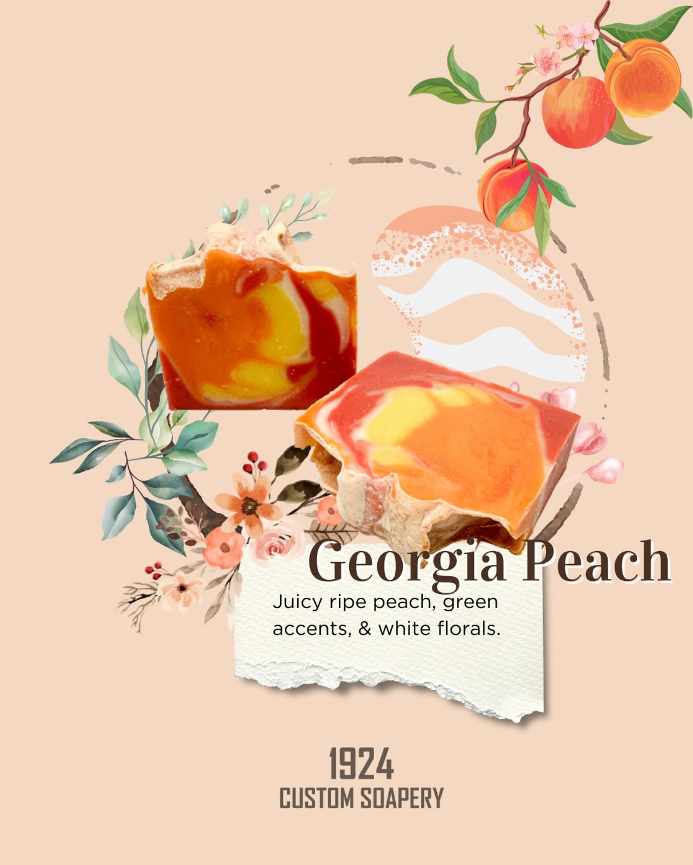 Soap packaging with Georgia Peach flavor description and 1924 Custom Soapery branding.