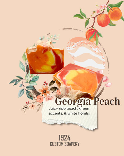 Soap packaging with Georgia Peach flavor description and 1924 Custom Soapery branding.