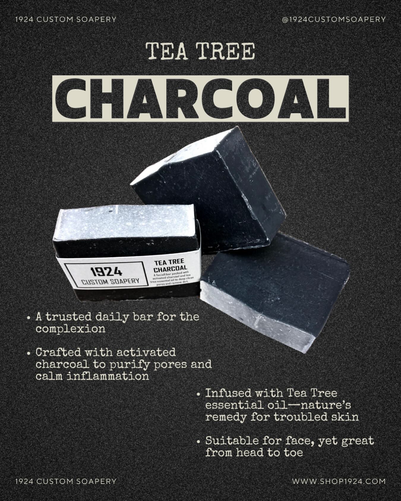 Tea Tree Charcoal soap bars with promotional text on a dark background